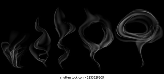 Set of several realistic transparent gray smokes or steam, for use on dark background. Transparency only in vector format