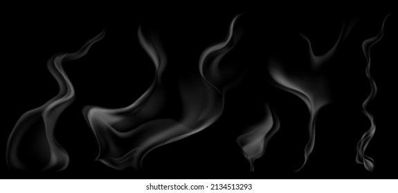 Set of several realistic transparent gray smokes or steam, for use on dark background. Transparency only in vector format