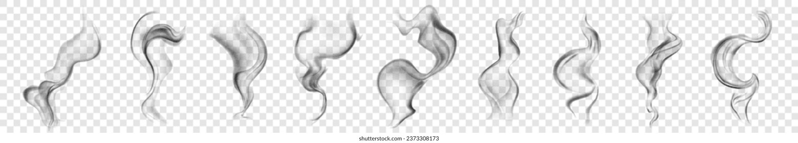 Set of several realistic transparent gray smokes or steam. For use on light background. Transparency only in vector format