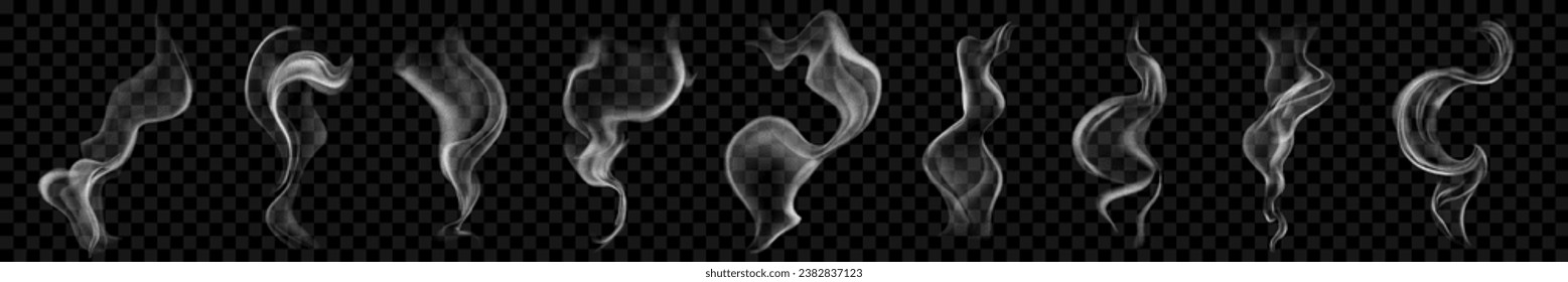 Set of several realistic transparent gray smokes or steam. For use on dark background. Transparency only in vector format