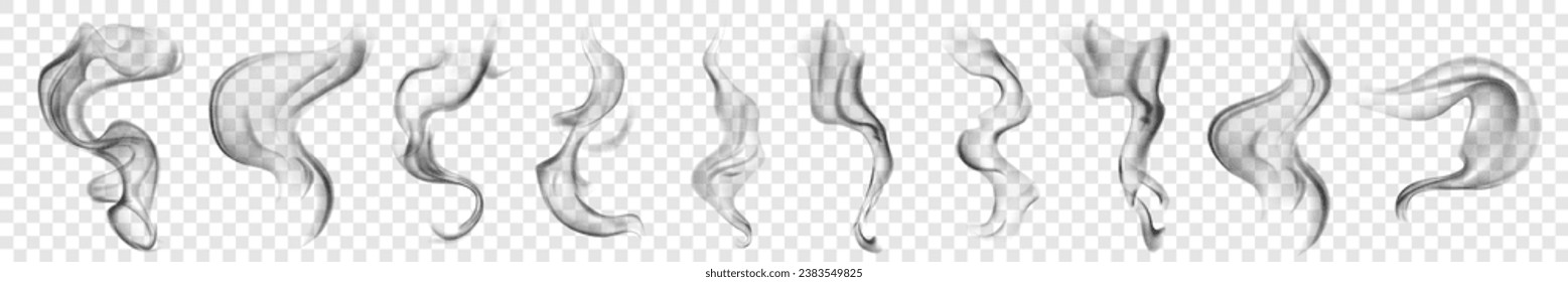 Set of several realistic transparent gray smokes or steam. For use on light background. Transparency only in vector format