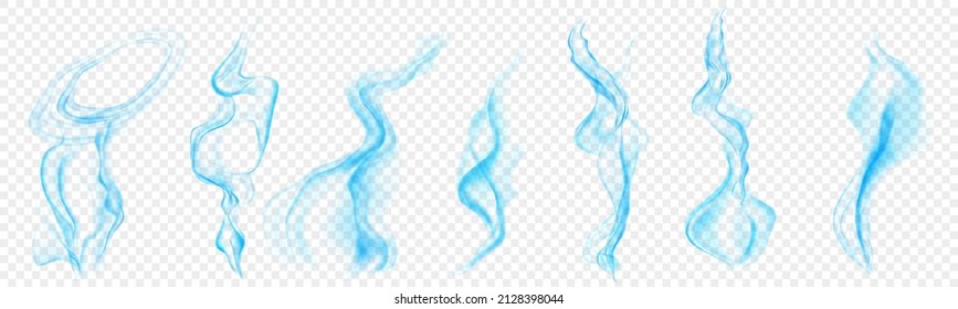 Set of several realistic transparent light blue smokes or steam, for use on light background. Transparency only in vector format