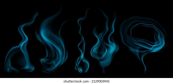 Set of several realistic transparent light blue smokes or steam, for use on dark background. Transparency only in vector format