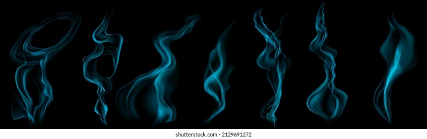 Set of several realistic transparent light blue smokes or steam, for use on dark background. Transparency only in vector format