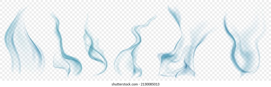 Set of several realistic transparent light blue smokes or steam, for use on light background. Transparency only in vector format