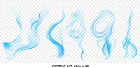 Set of several realistic transparent light blue smokes or steam, for use on light background. Transparency only in vector format