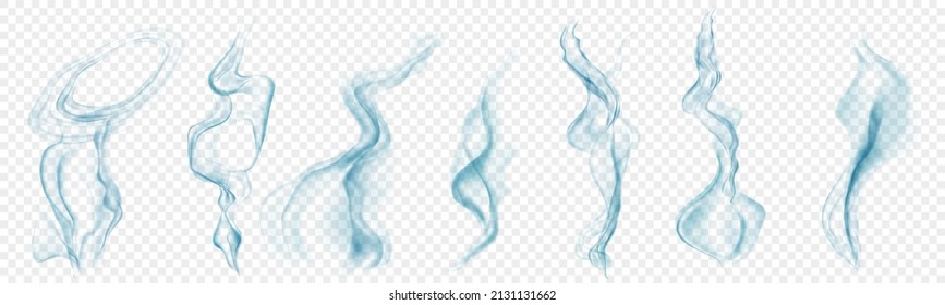 Set of several realistic transparent light blue smokes or steam, for use on light background. Transparency only in vector format