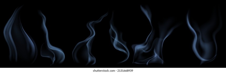 Set aus mehreren realistischen, hellblauen Rauchern oder Dampf, für den Einsatz auf dunklem Hintergrund. Transparenz nur im Vektorformat