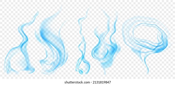 Set of several realistic transparent light blue smokes or steam, for use on light background. Transparency only in vector format
