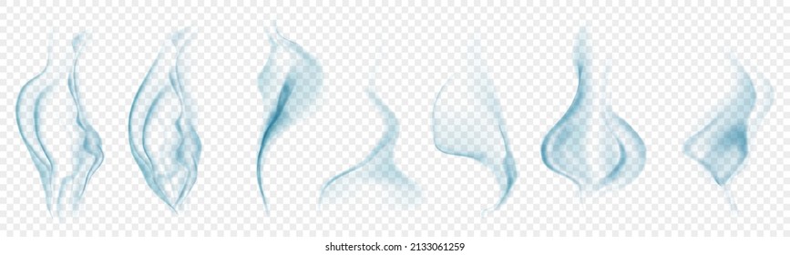 Set of several realistic transparent light blue smokes or steam, for use on light background. Transparency only in vector format