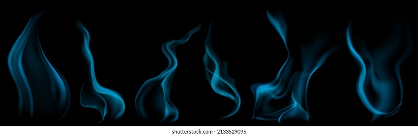 Set of several realistic transparent light blue smokes or steam, for use on dark background. Transparency only in vector format