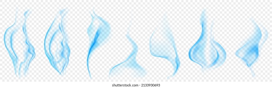 Conjunto de varios cigarrillos transparentes y realistas de color azul claro o vapor, para su uso en el fondo claro. Transparencia sólo en formato vectorial