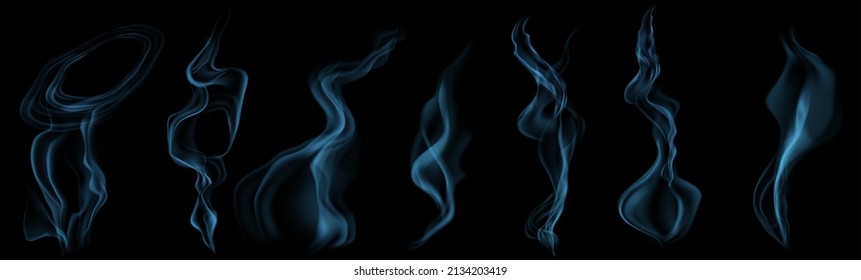 Set of several realistic transparent light blue smokes or steam, for use on dark background. Transparency only in vector format