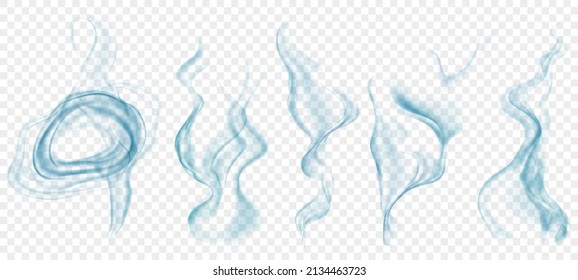 Set of several realistic transparent light blue smokes or steam, for use on light background. Transparency only in vector format