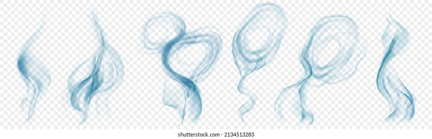 Set of several realistic transparent light blue smokes or steam, for use on light background. Transparency only in vector format