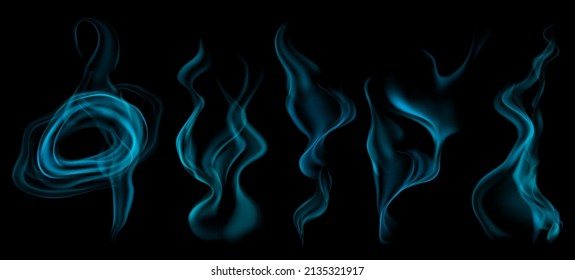 Set of several realistic transparent light blue smokes or steam, for use on dark background. Transparency only in vector format