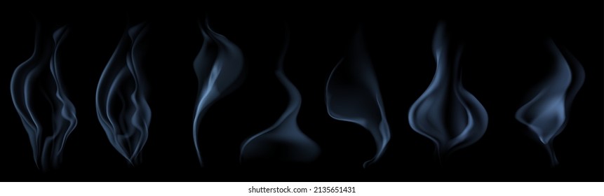 Set of several realistic transparent light blue smokes or steam, for use on dark background. Transparency only in vector format