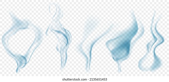 Set of several realistic transparent light blue smokes or steam, for use on light background. Transparency only in vector format