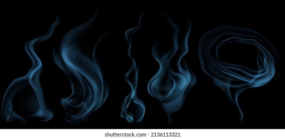 Set of several realistic transparent light blue smokes or steam, for use on dark background. Transparency only in vector format