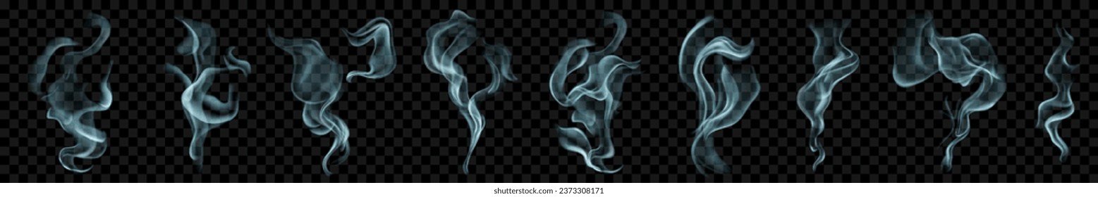 Set of several realistic transparent light blue smokes or steam. For use on dark background. Transparency only in vector format