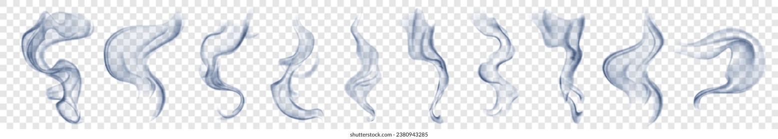 Set of several realistic transparent light blue smokes or steam. For use on light background. Transparency only in vector format
