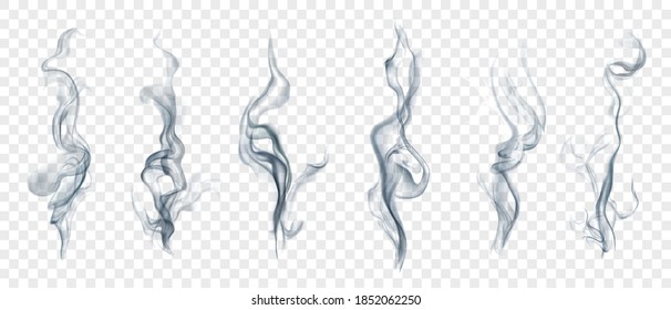 Set of several realistic transparent smoke or steam in white and gray colors, for use on light background. Transparency only in vector format