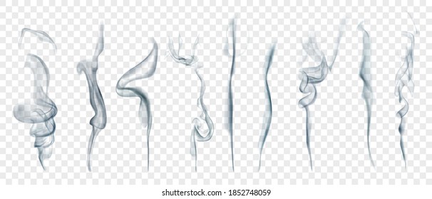 Conjunto de varios humo transparente realista o vapor en colores blanco y gris, para usar en el fondo claro. Transparencia sólo en formato vectorial
