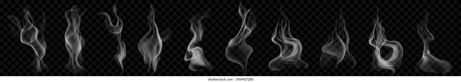 Set of several realistic transparent smoke or steam in white and gray colors, for use on dark background. Transparency only in vector format
