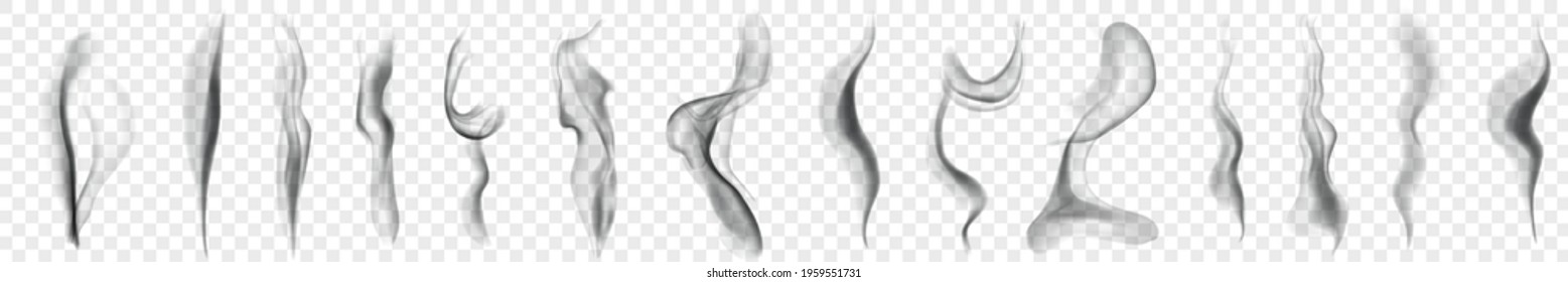 Set of several realistic transparent smoke or steam in white and gray colors, for use on light background. Transparency only in vector format