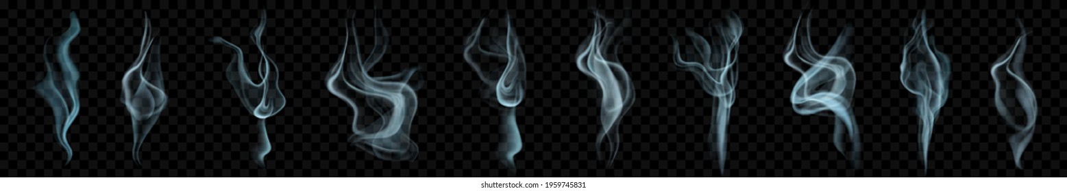 Set of several realistic transparent smoke or steam in light blue colors, for use on dark background. Transparency only in vector format