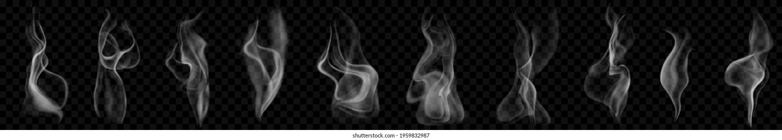 Set of several realistic transparent smoke or steam in white and gray colors, for use on dark background. Transparency only in vector format
