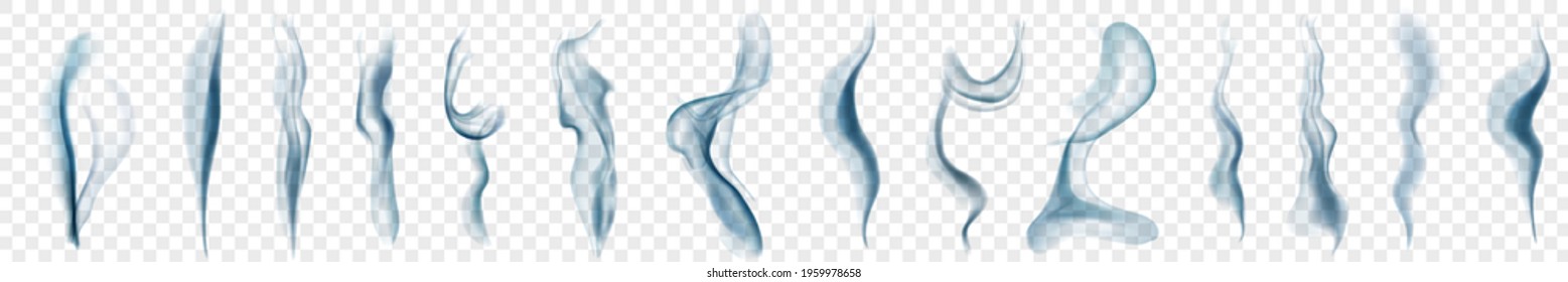 Set of several realistic transparent smoke or steam in light blue colors, for use on light background. Transparency only in vector format