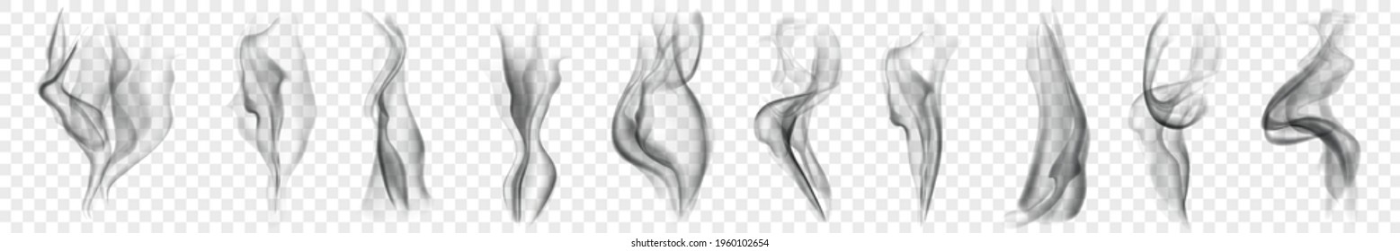 Set of several realistic transparent smoke or steam in white and gray colors, for use on light background. Transparency only in vector format
