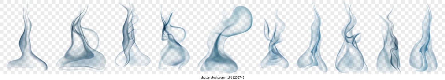 Set of several realistic transparent smoke or steam in light blue colors, for use on light background. Transparency only in vector format