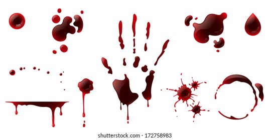 Set of several red blood stains on white background
