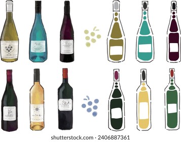 Set of several simple wine illustrations