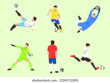 set of several soccer athletes with different poses, positions, colors. concept of sport, football, activity. flat vector illustration.