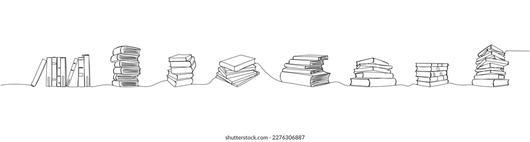 Set of several stacks of books one line art. Continuous line drawing of book, library, education, school, study, literature, paper, textbook, knowledge, read, learn, page reading