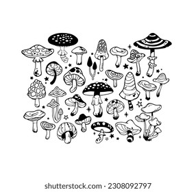 Set of several stylized mushrooms, black outline, no fill