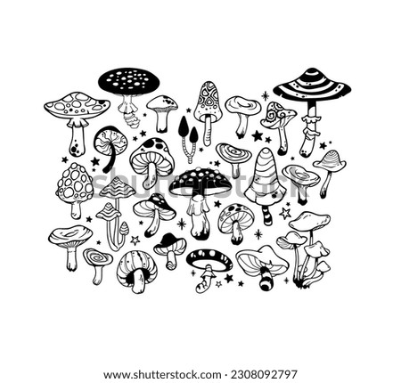 Set of several stylized mushrooms, black outline, no fill