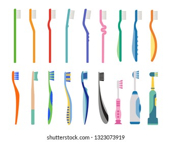 Conjunto de varias ilustraciones planas de cepillos de dientes. Productos de higiene bucal. 
Productos para el mantenimiento de la salud dental. Ilustración vectorial. 
