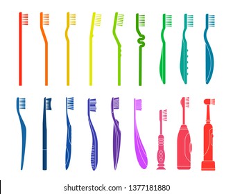 Set of several toothbrush illustrations. Products for oral hygiene. 
Products for dental health maintenance. Vector illustration. 
