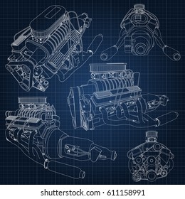 A set of several types of powerful car engine. The engine is drawn with white lines on a dark blue sheet in a cage.