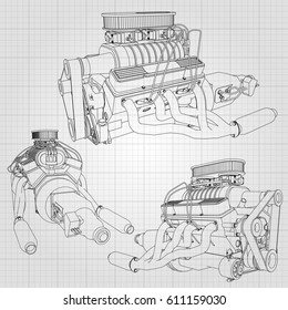 A set of several types of powerful car engine. The engine is drawn with black lines on a white sheet in a cage.