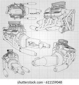 A set of several types of powerful car engine. The engine is drawn with black lines on a white sheet in a cage.