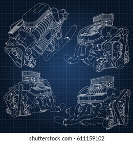 A set of several types of powerful car engine. The engine is drawn with white lines on a dark blue sheet in a cage.