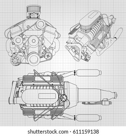A set of several types of powerful car engine. The engine is drawn with black lines on a white sheet in a cage.