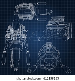 A set of several types of powerful car engine. The engine is drawn with white lines on a dark blue sheet in a cage.