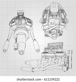 A set of several types of powerful car engine. The engine is drawn with black lines on a white sheet in a cage.