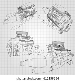 A set of several types of powerful car engine. The engine is drawn with black lines on a white sheet in a cage.